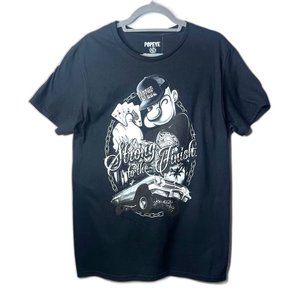 Black Cartoonist Popeye Graphic Men T-Shirt “Strong to the Finish” Sz M Cotton